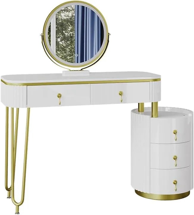 SEA422 - Set Masa toaleta, 100 cm, cosmetica machiaj, oglinda cu LED, masuta vanity - Alb-Auriu