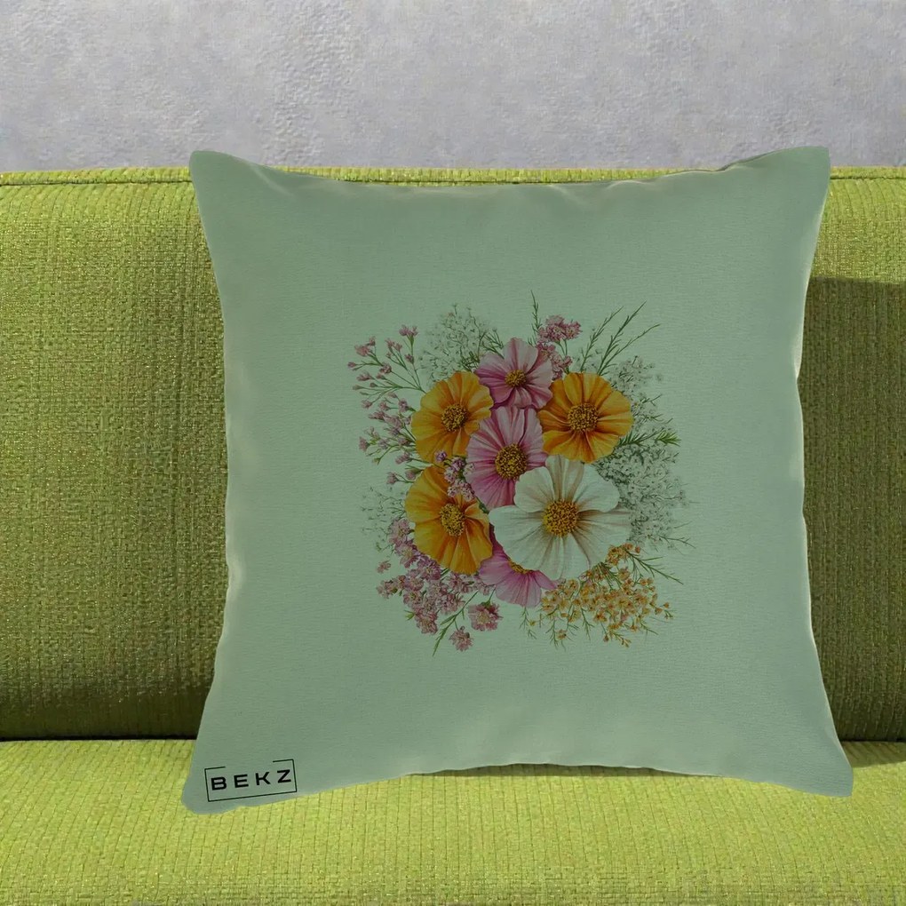 Perna Decorativa Buchet Cosmos Portocaliu Roz si Alb, 40x40 cm, Verde, Husa Detasabila, Perna Inclusa, BEKZ®