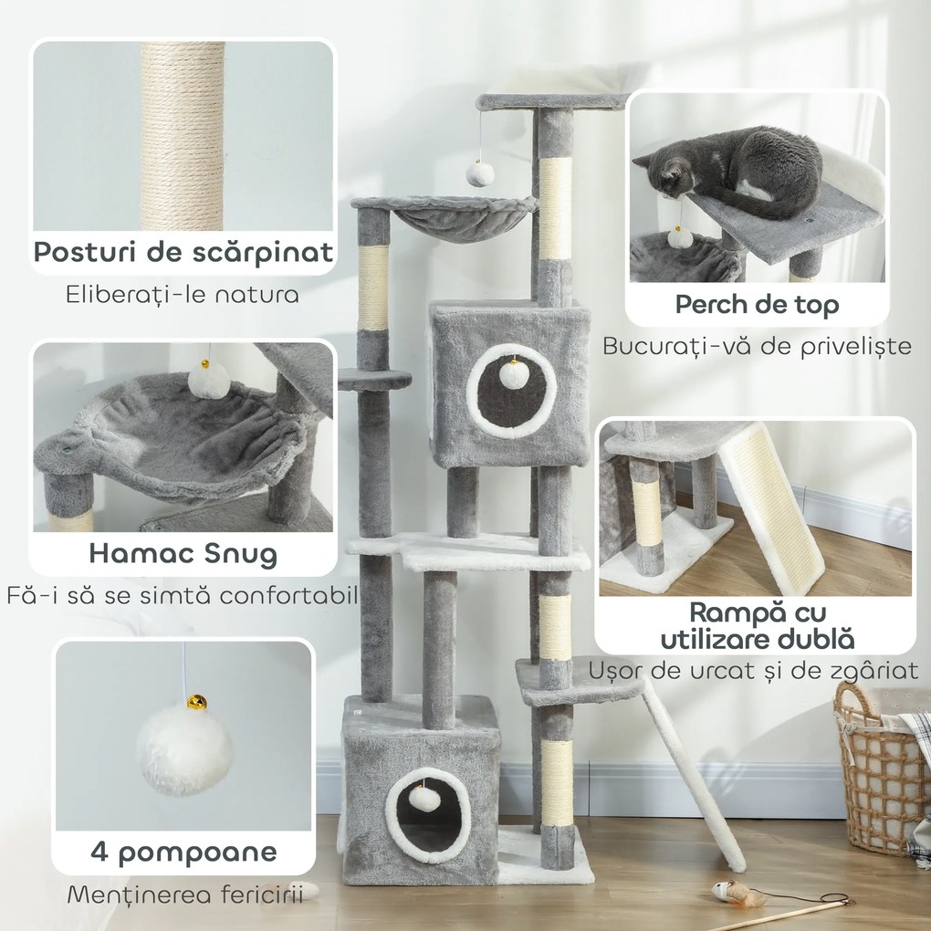 PawHut Arborele pentru Pisici cu Căsuțe, Rampe, Stinghie și 4 Mingi, Gri | Aosom Romania