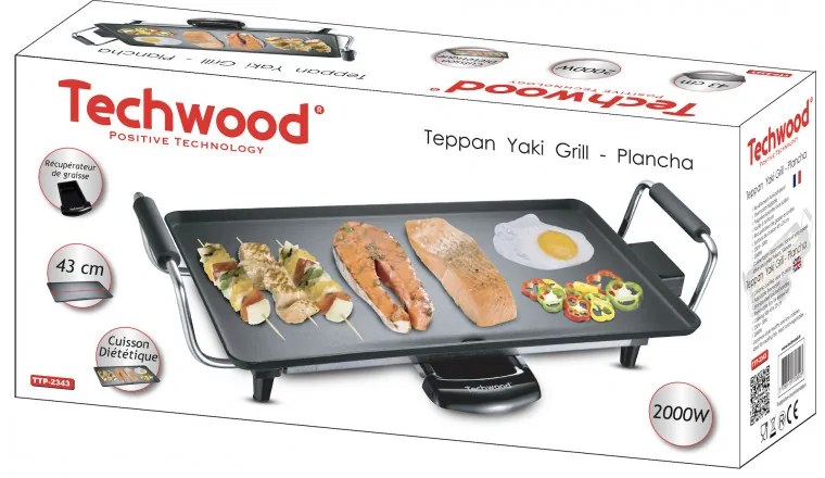 Gratar electric Teppan Yaki Techwood TTP-2343, 2000W, 43x23 cm, Acoperire neaderenta, Termostat, Negru