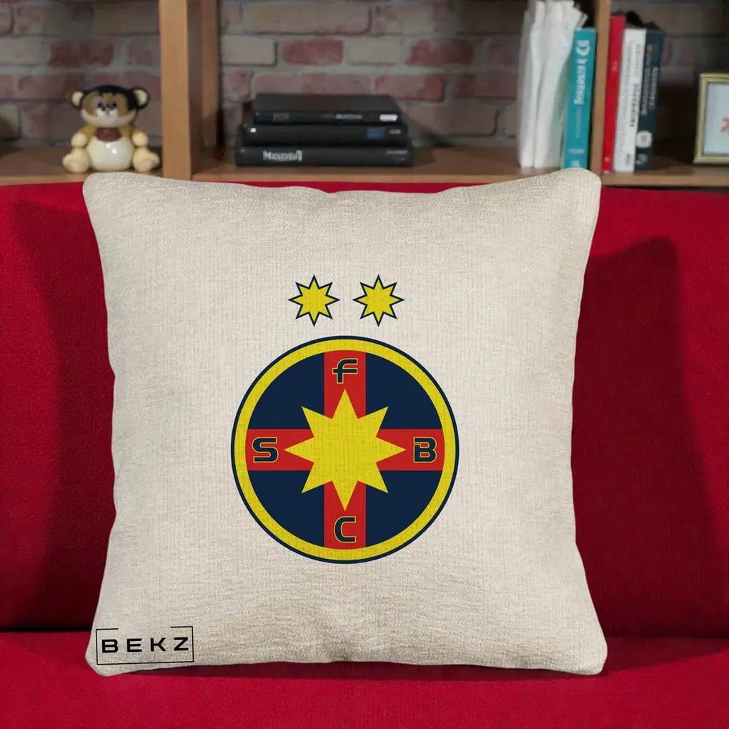 Perna Personalizata FCSB Fotbal Club Steaua Bucuresti, 40x40 cm, Bej Canapea, Husa Detasabila, Perna Inclusa, BEKZ®