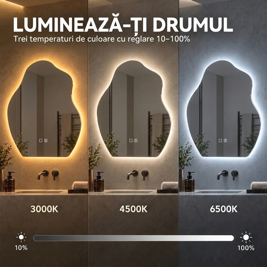HOMCOM Oglindă baie LED 80 x 60 cm, 3 culori, design neregulat, Bluetooth, antiaburire, touch | Aosom Romania