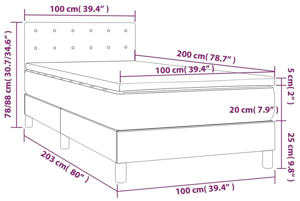 Pat box spring cu saltea, gri inchis, 100x200 cm, textil Morke gra, 100 x 200 cm, Nasturi de tapiterie