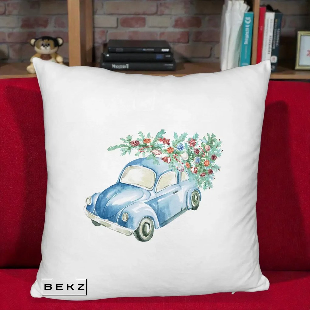 Perna Decorativa Masinuta Albastra cu Brad de Craciun, 40x40 cm, Alb Pufos, Husa Detasabila, Perna Inclusa, BEKZ®