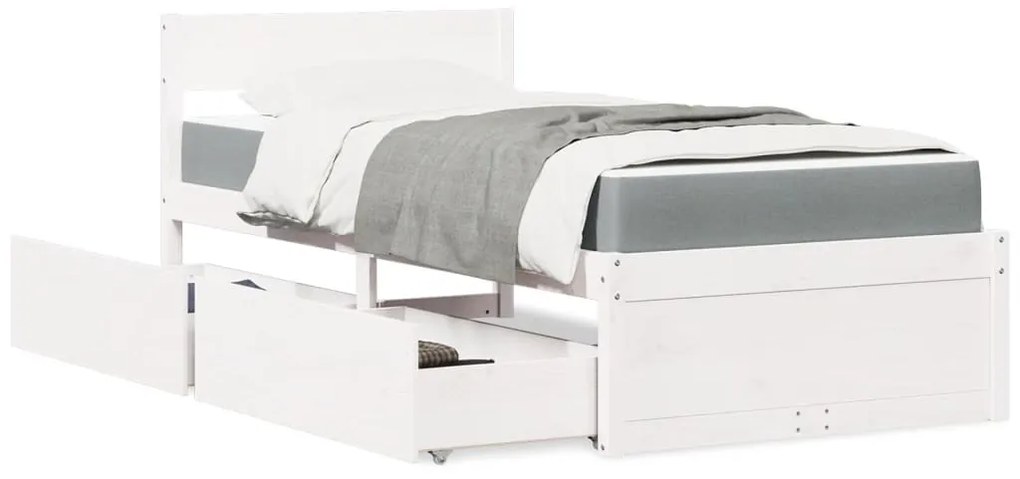 vidaXL Pat cu sertare și saltea, alb, 90x190 cm, lemn masiv pin