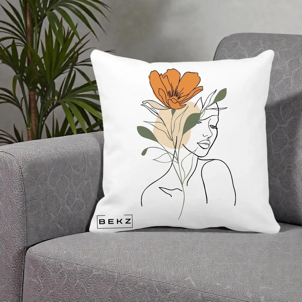 Perna Decorativa Portret Feminin Floare Portocalie, 40x40 cm, Alba Mata, Husa Detasabila, Perna Inclusa, BEKZ®