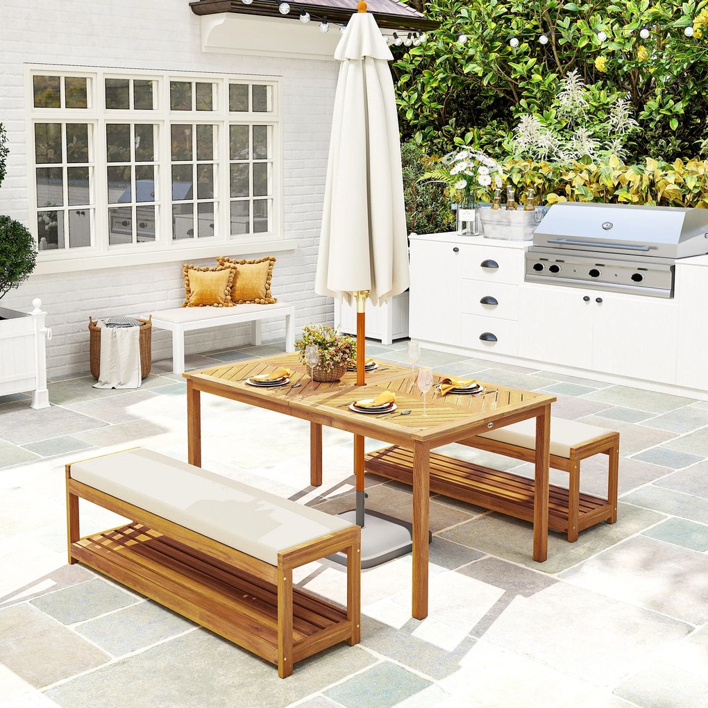 Outsunny Set de mobilier de grădină 3 buc., Set de scaune cu 1 masă cu orificiu pentru umbrelă, 2 bănci 150 x 85 x 75 cm Teak | Aosom Romania