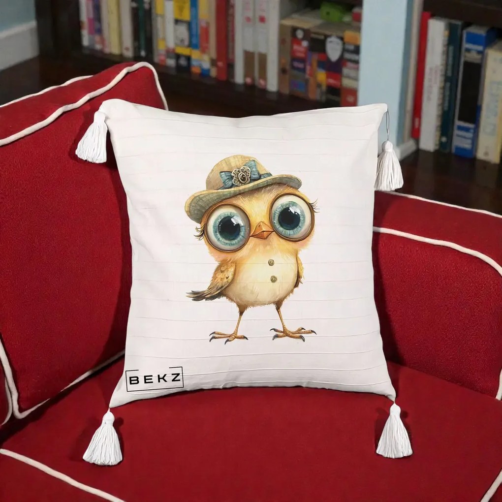 Perna Decorativa Pui Elegant cu Palarie Teal, 40x40 cm, Bej cu Franjuri, Husa Detasabila, Perna Inclusa, BEKZ®
