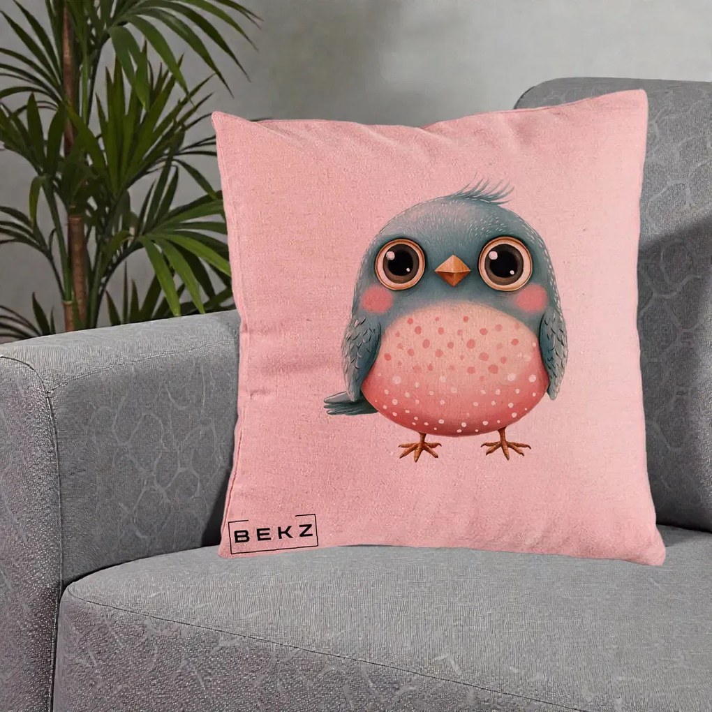 Perna Decorativa Pasare Teal-Roz cu Pete, 40x40 cm, Roz, Husa Detasabila, Perna Inclusa, BEKZ®