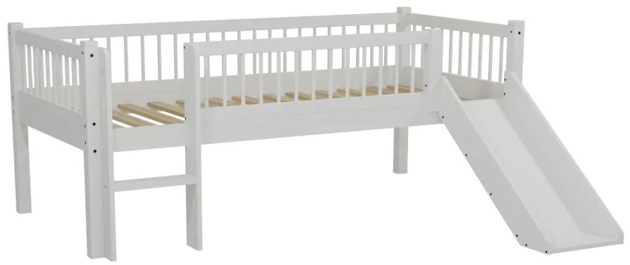 Pat Semi-Înălțat (Mid Sleeper) Forrest Beech 90x200 cm, pentru Camera Copii, din Lemn de Fag Lăcuit Alb, cu Tobogan și Sertare – Vipack