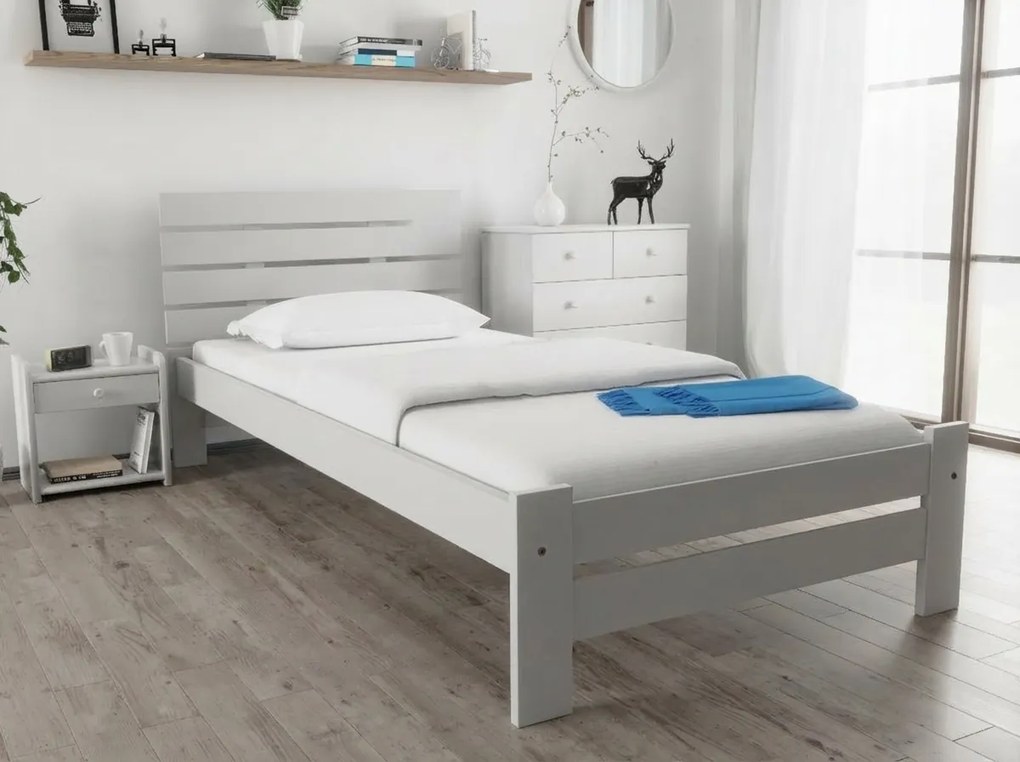 Pat de o persoana inaltat PARIS 80x200 cm, alb Saltele: Cu saltele Somnia 18 cm, Somiera pat: Cu lamele drepte