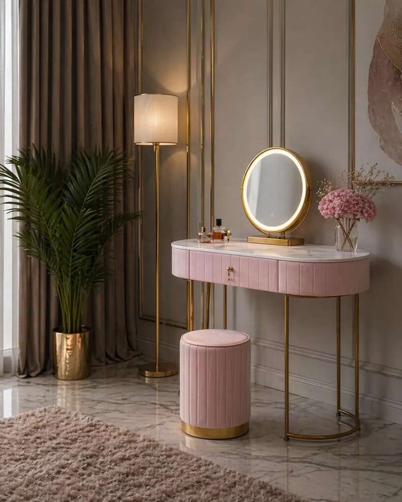 Set ASHLEY, Masă de toaletă pentru machiaj cu oglindă iluminată LED, control touch, sertar, taburet, 100x40x76 cm, Roz/Auriu