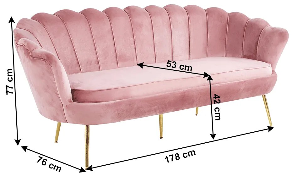 Canapea de lux, 3 locuri, tesatura de catifea roz / crom auriu, stil Art-deco, NOBLIN