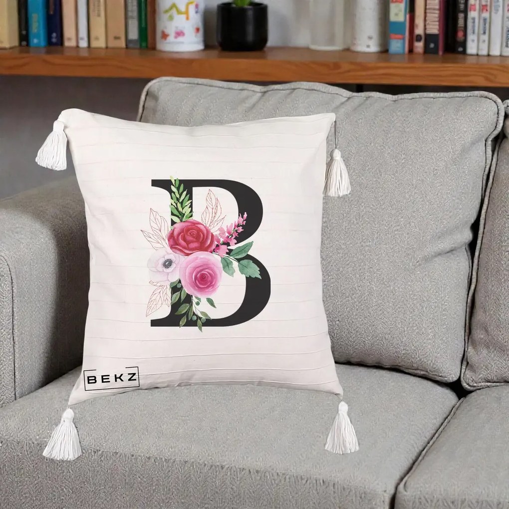 Cadou Personalizat - Perna Personalizata Monograma Florala Litera B, 40x40 cm, Bej cu Franjuri, Husa Detasabila, Perna Inclusa, BEKZ®