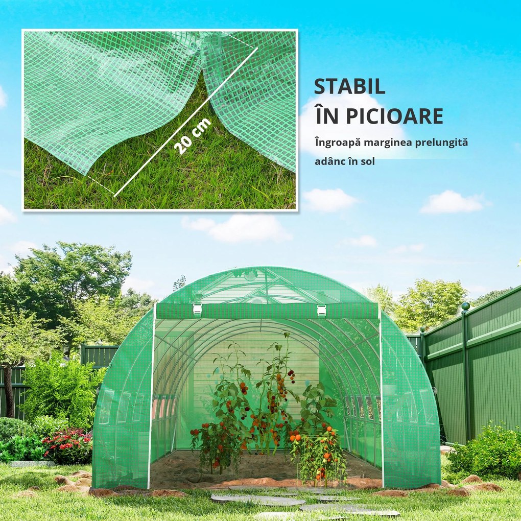 Outsunny Seră de grădină tunel 24m² 8L x 3l x 2H m - 16 ferestre, Ușă înfășurabilă oțel galvanizat, folie PE, Verde | Aosom Romania