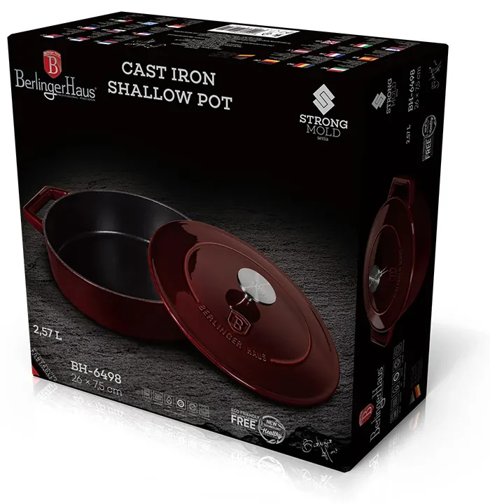 Cratita fonta emailata 2.5 L, 26 cm, cu capac, potrivita pe plita sau in cuptor, Burgundy Berlinger Haus BH 6498