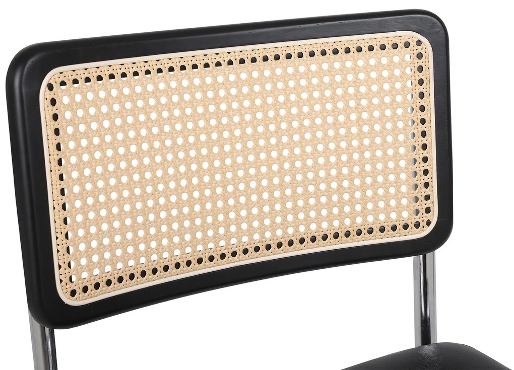Set de 2 scaune de prânz din ratan, spătar din plasă fără brațe, picioare din metal cromat, Negru