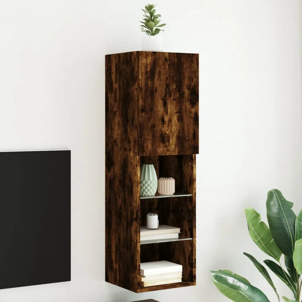 vidaXL Comodă TV cu lumini LED, stejar fumuriu, 30,5x30x102 cm