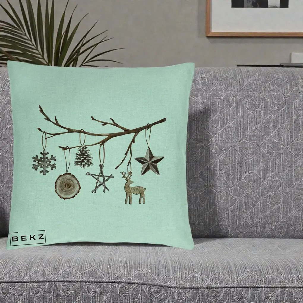 Perna Decorativa Ornamente de Lemn pe Ramura, 40x40 cm, Verde Menta, Husa Detasabila, Perna Inclusa, BEKZ®