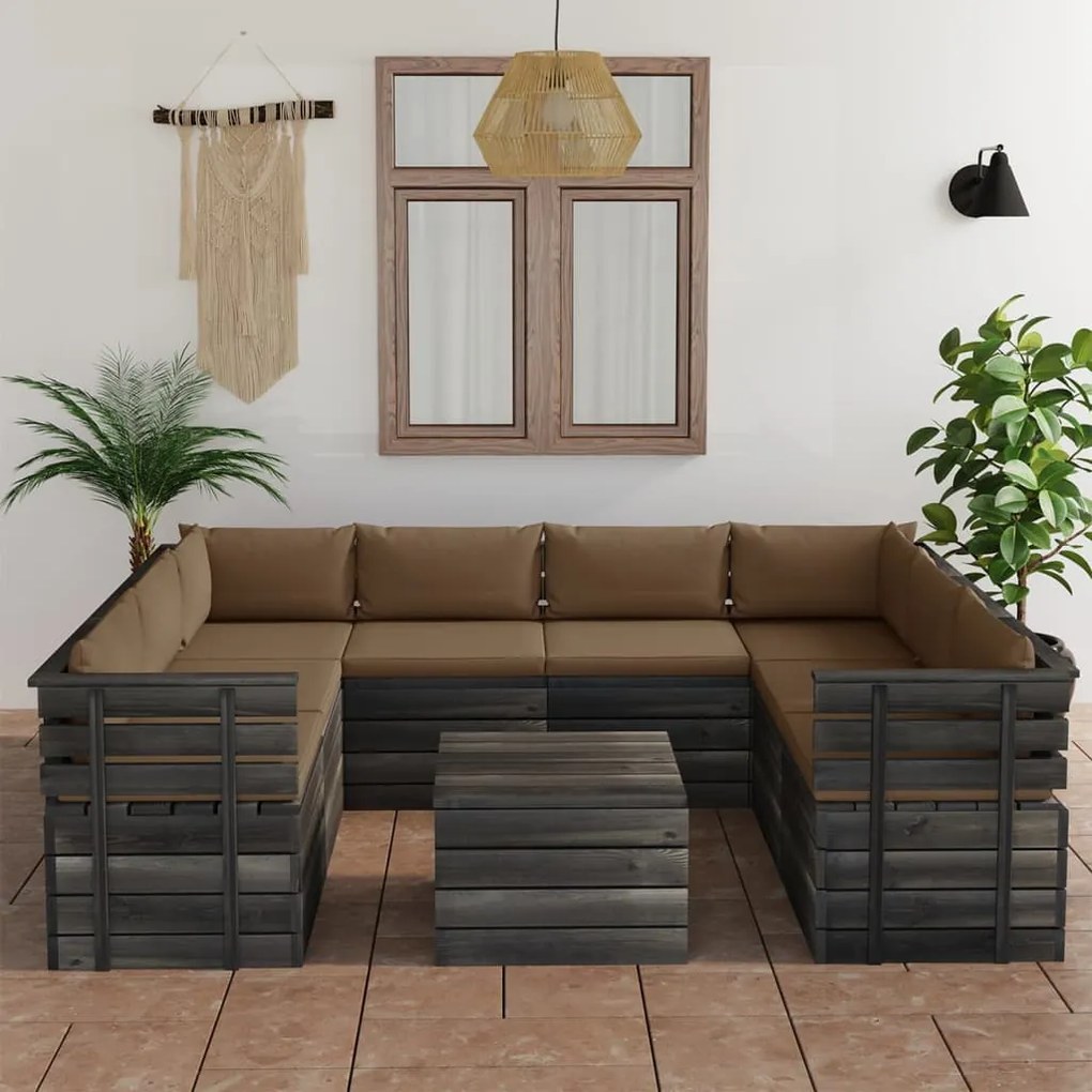 Set mobilier gradina paleti, 9 piese, cu perne, lemn masiv pin