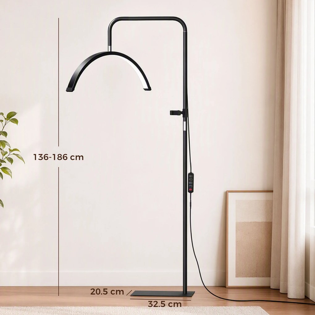 HOMCOM Lampă de Podea LED cu Cap Semilună, Înălțime și Temperatură de Culoare Reglabile, Telecomandă, Negru | Aosom Romania