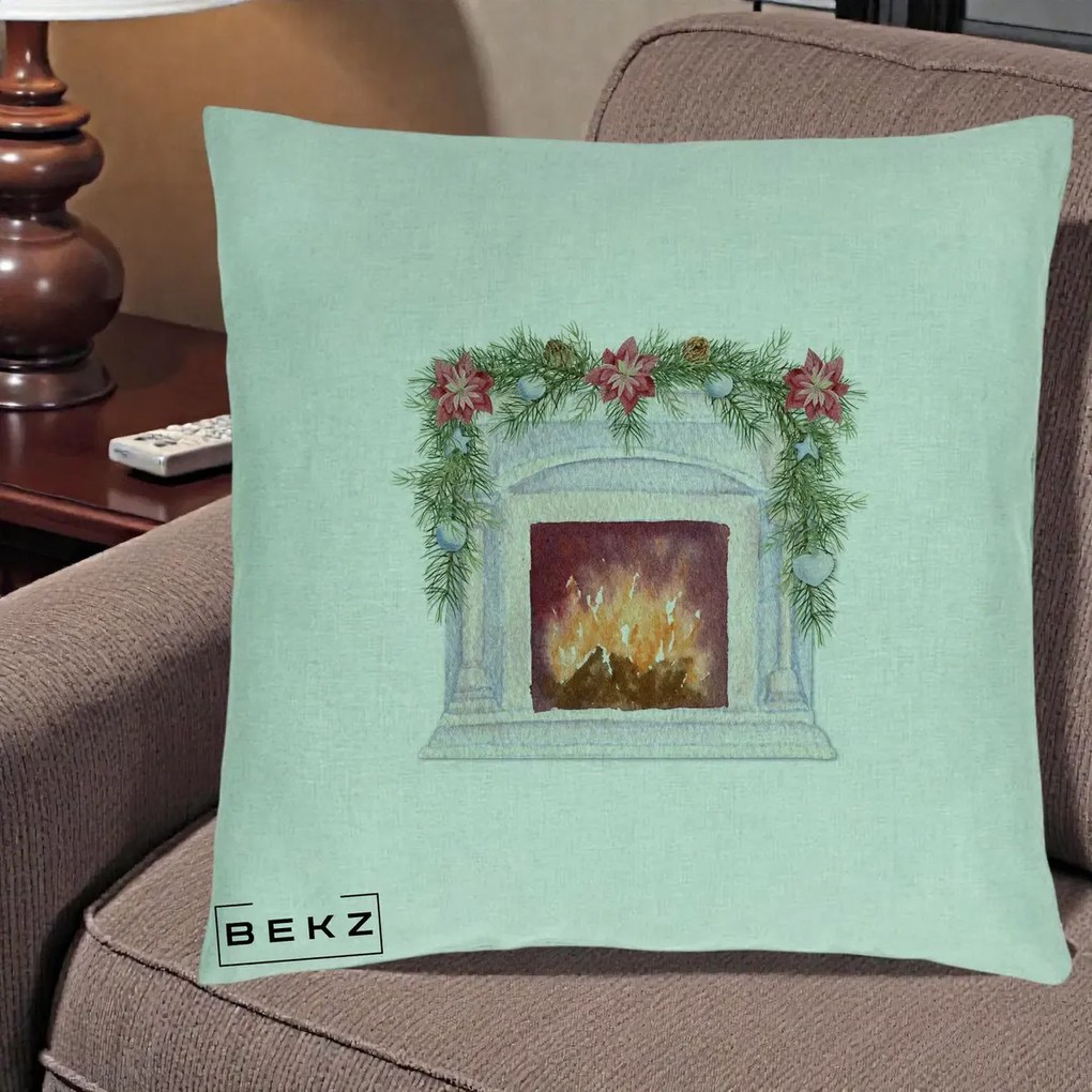 Perna Decorativa Semineu de Craciun Watercolor, 40x40 cm, Verde Menta, Husa Detasabila, Perna Inclusa, BEKZ®