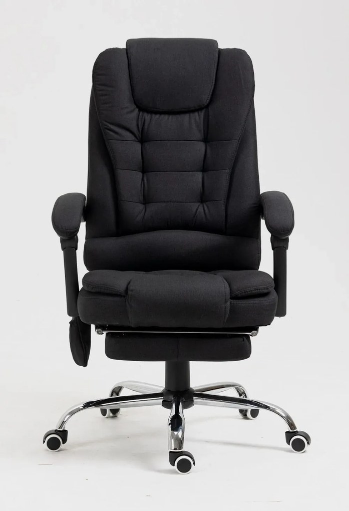 Scaun directorial cu Masaj și Încălzire, funcție șezlong, suport picioare, material textil, Negru