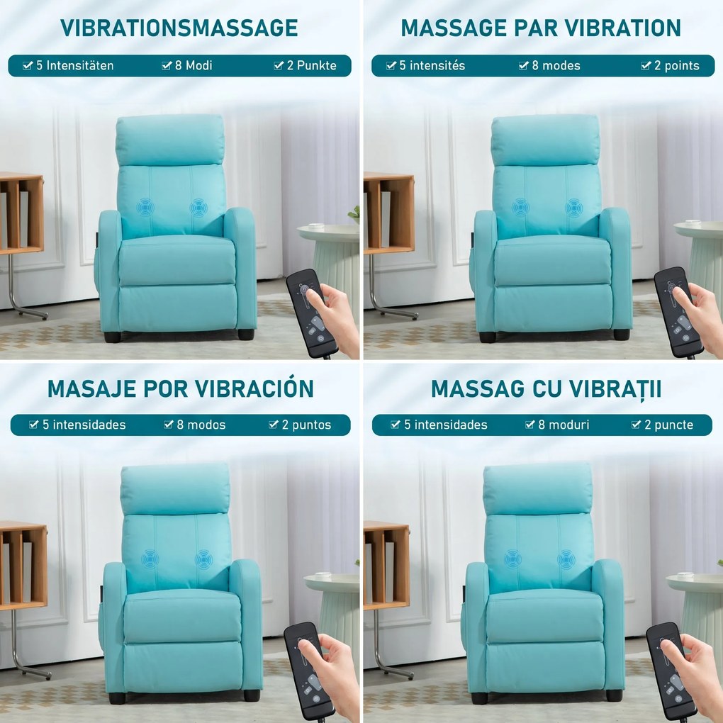 HOMCOM Fotoliu de Masaj cu 8 Moduri și 5 Intensități, Suport pentru Picioare și Telecomandă, 68x88x98 cm, Albastru | Aosom Romania