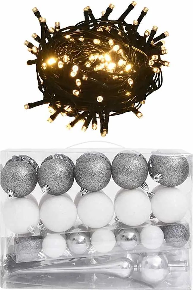 vidaXL Set globuri Crăciun cu vârf & 150 LED-uri 60 piese alb & gri