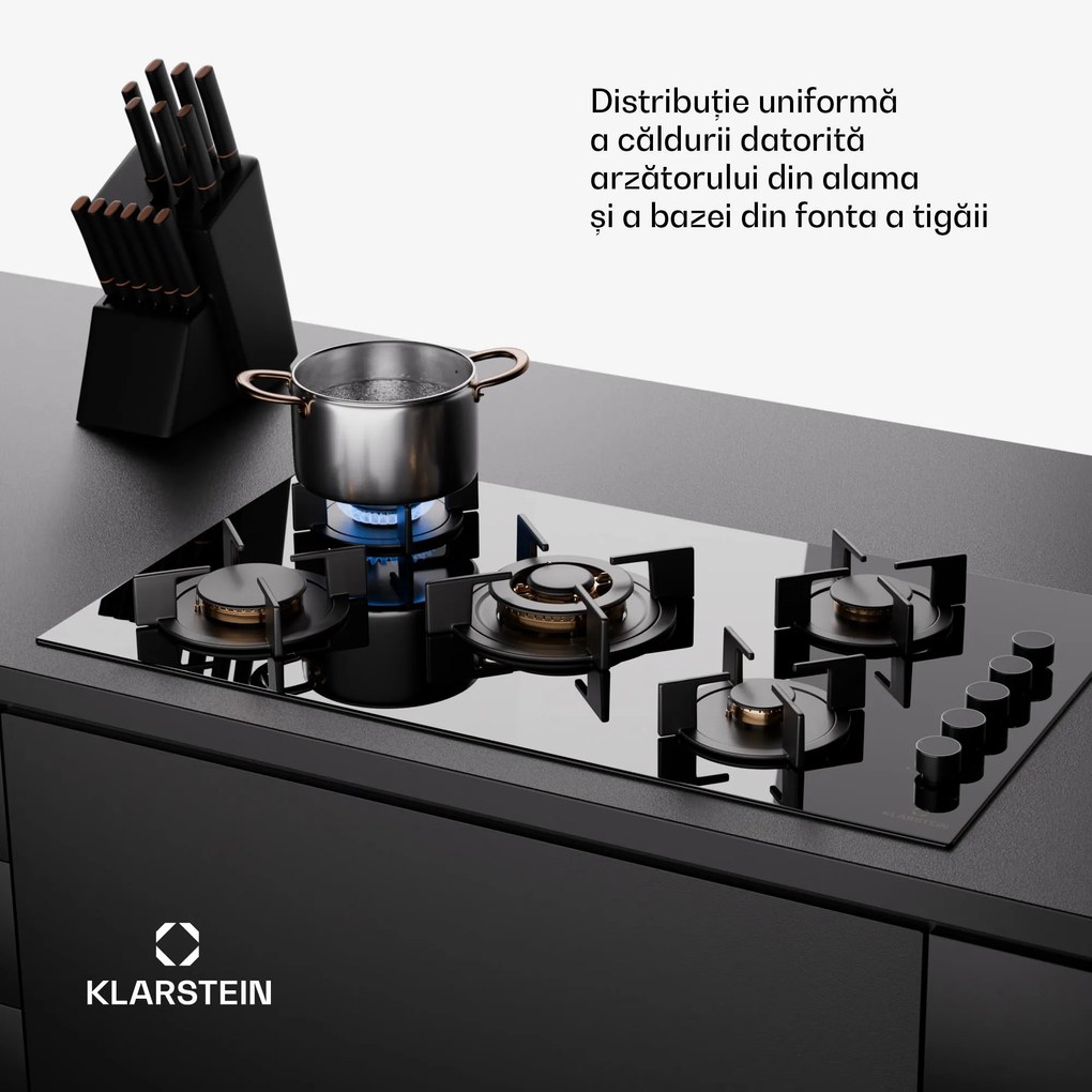 Klarstein Goldflame 5, plită cu gaz, autonomă, 5 arzătoare, control lateral, gaz/propano, ceramică, negru