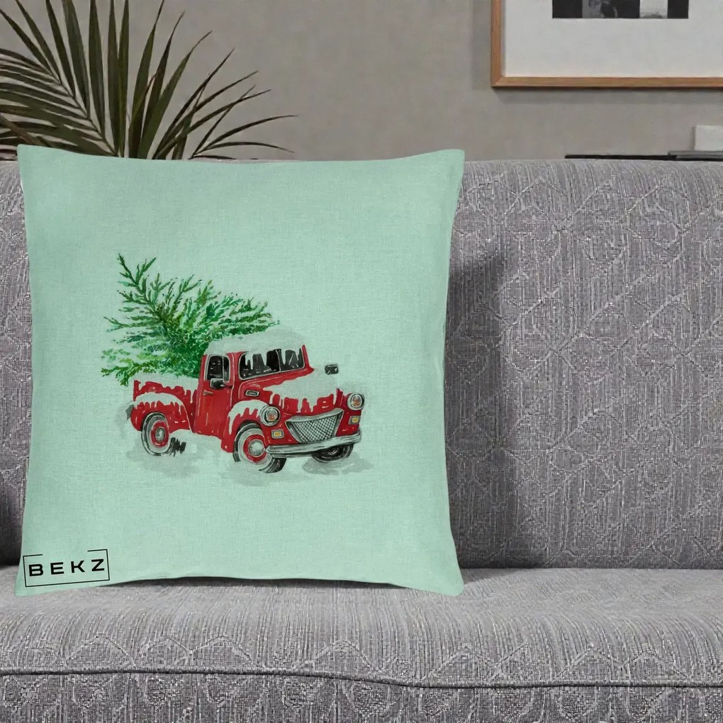 Perna Decorativa Camioneta Rosie Brad de Craciun, 40x40 cm, Verde Menta, Husa Detasabila, Perna Inclusa, BEKZ®
