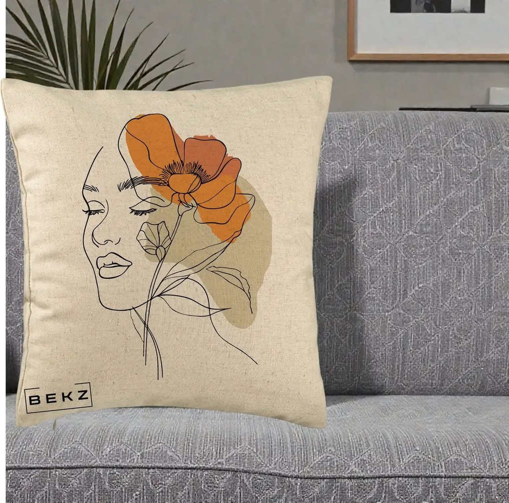 Perna Decorativa Portret Feminin Mac Mare Portocaliu, 40x40 cm, Bej, Husa Detasabila, Perna Inclusa, BEKZ®