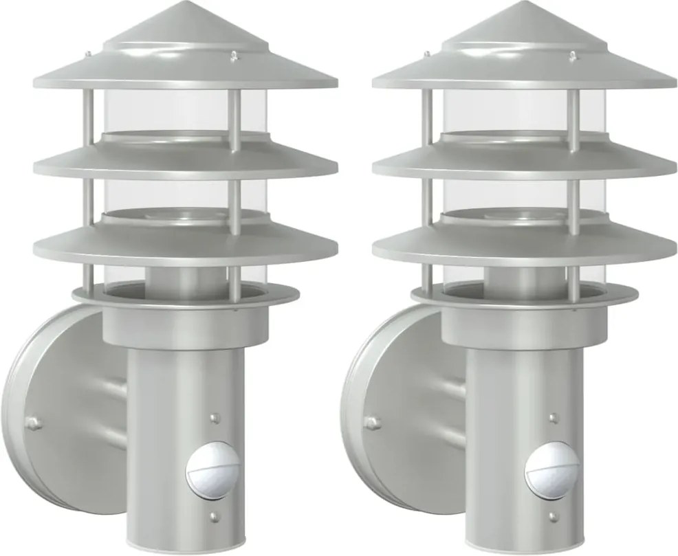 vidaXL Lămpi exterioare de perete cu senzor 2 buc. argintiu, oțel inox