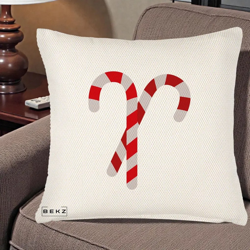 Perna Decorativa Candy Cane de Craciun, 40x40 cm, Crem Reliefat, Husa Detasabila, Perna Inclusa, BEKZ®