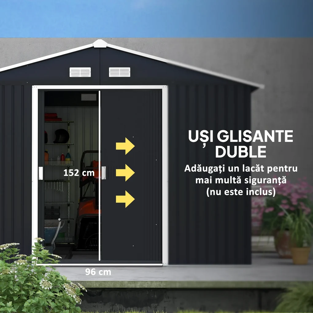Magazie de Depozitare de 277x322x192cm din Metal pentru Unelte de Gradina cu Usi Glisante Duble, Gri Inchis Outsunny | Aosom RO