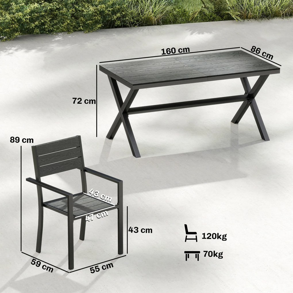 Outsunny Set de Masă pentru Exterior 7 Piese pentru 6 Persoane, Masă și Scaune Stivuite cu Lamele Efect Lemn, Cadru din Aluminiu, Gri | Aosom Romania