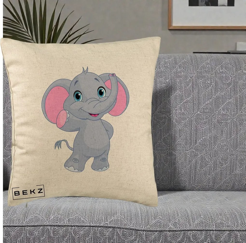 Perna Decorativa Pui de Elefant Kawaii, 40x40 cm, Bej, Husa Detasabila, Perna Inclusa, BEKZ®