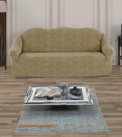 Husa elastica pentru canapea 3 locuri, fara volanas, model Jacquard Bej in dungi