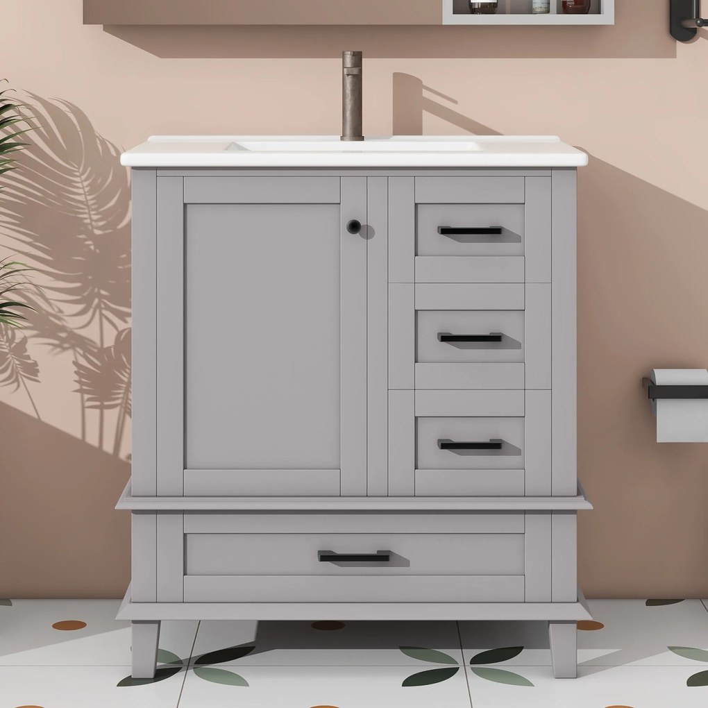 Dulap de baie pe podea cu chiuvetă, spațiu de depozitare variat, 76x46x83,5 cm, Gri