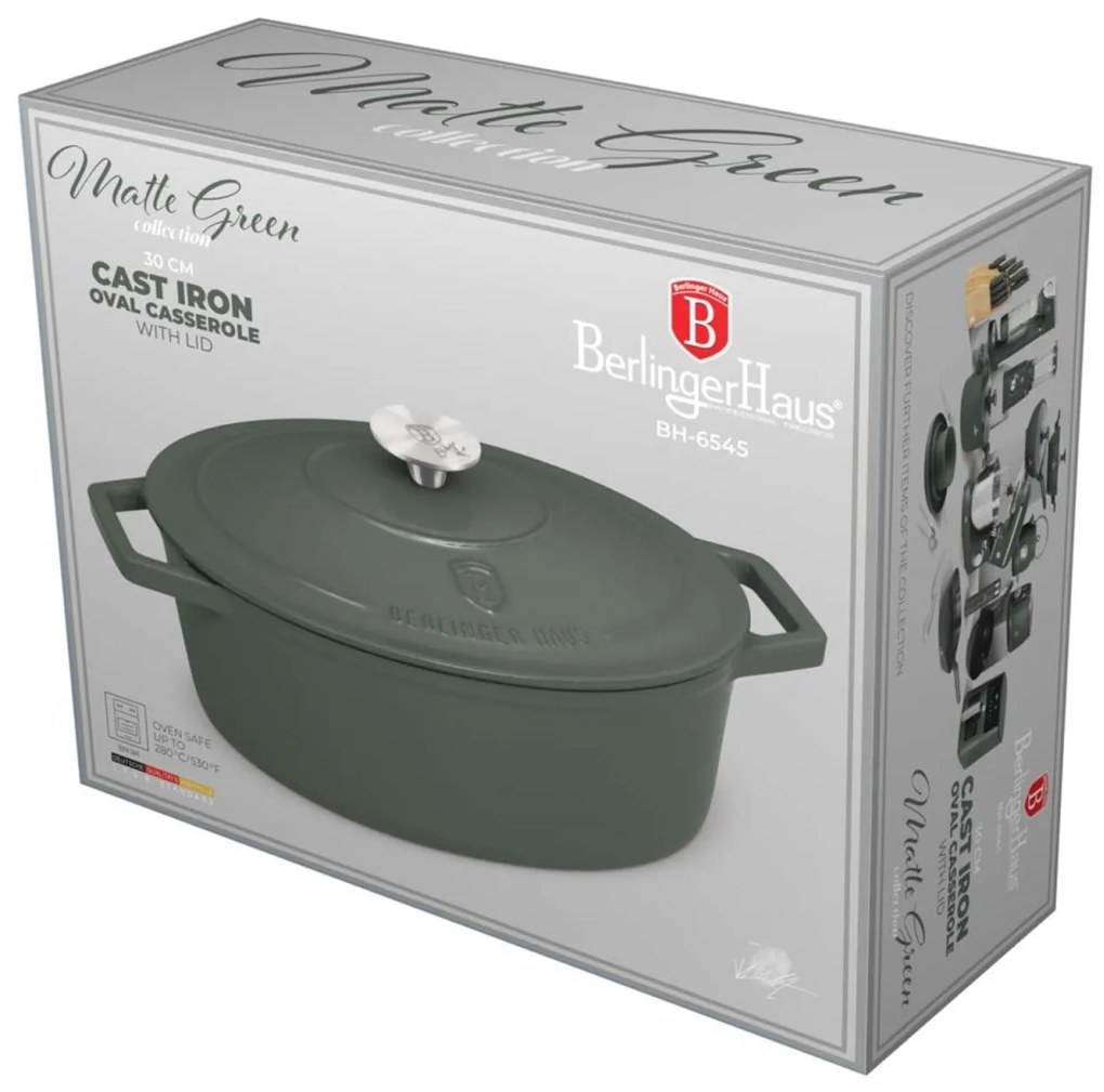 Oală din fontă emailată ovală cu capac 30 cm, 4.65L – Berlinger Haus Green Matte Collection BH 6545, verde, ideală pentru cuptor și rețete rustice