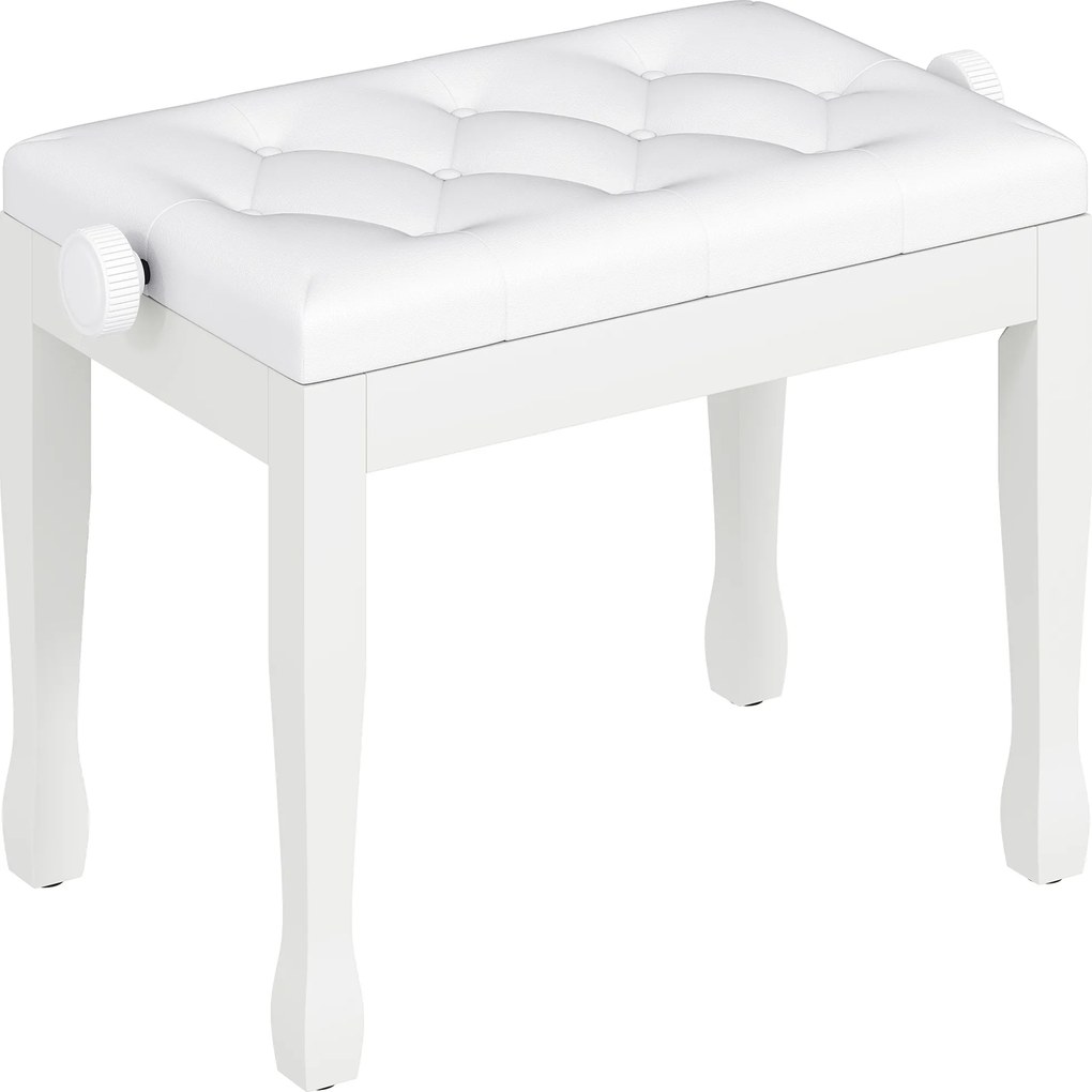 HOMCOM Banchetă de pian, banchetă pentru claviatură cu înălțime reglabilă din lemn masiv, șezut căptușit, 64 x 35 x 45-55 cm, alb | Aosom Romania