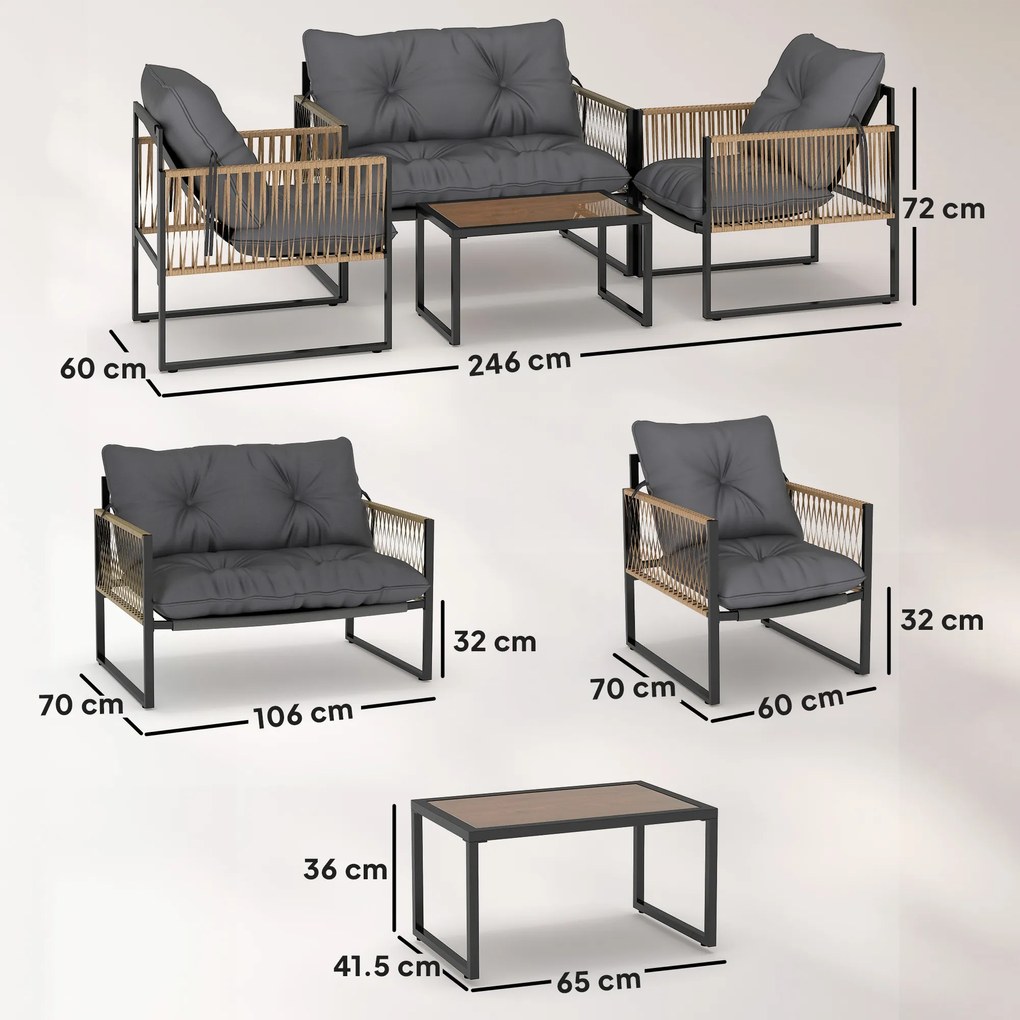 Outsunny Set mobilier grădină, 4 piese, canapea, 2 scaune, masă cu blat din sticlă, cadru metalic, polyratan, antracit | Aosom Romania