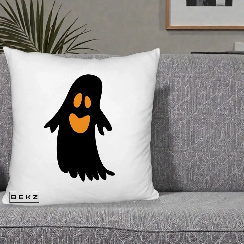 Perna Decorativa Halloween Fantoma Neagra cu Ochi Portocalii, 40x40 cm, Alb Pufos, Husa Detasabila, Perna Inclusa, BEKZ®