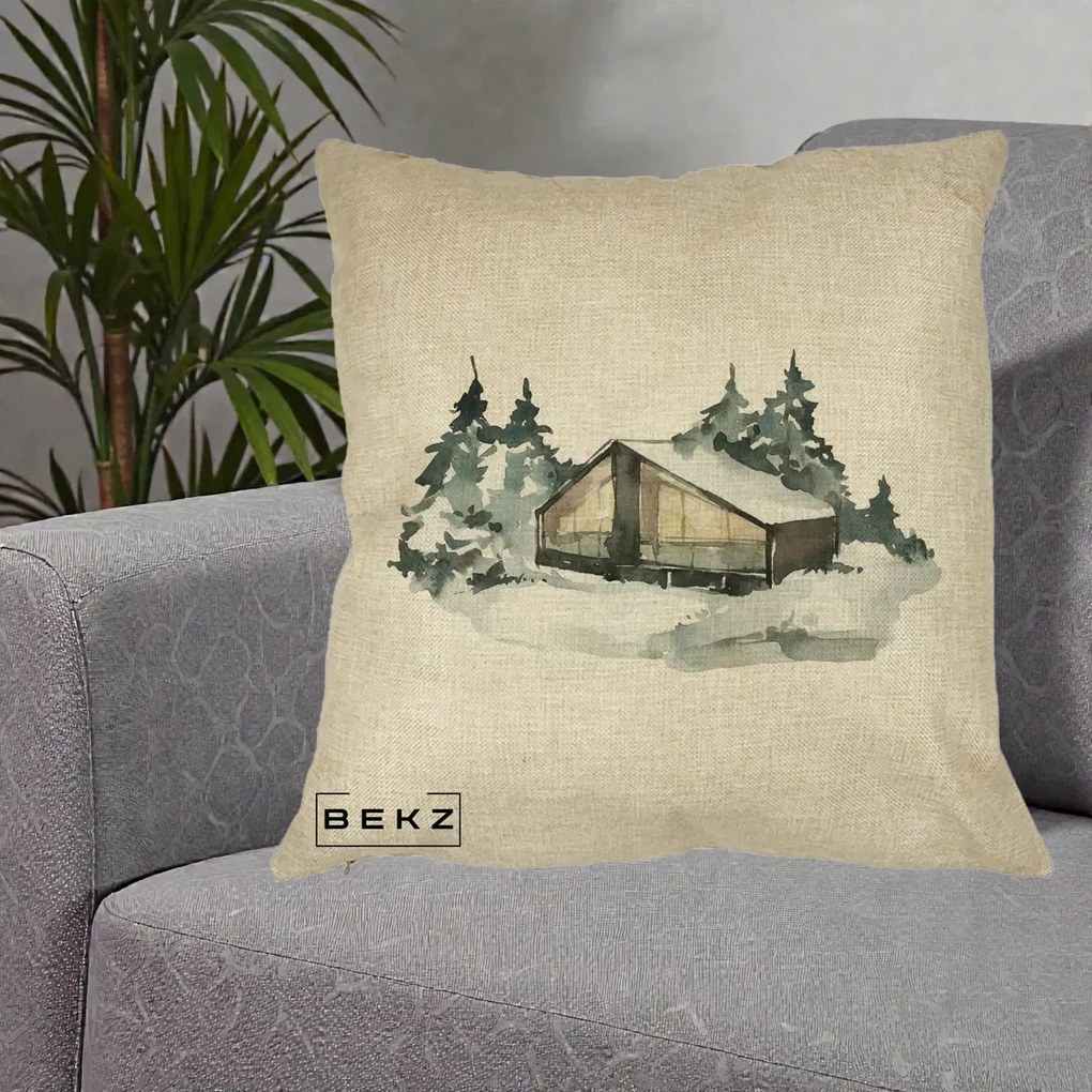 Perna Decorativa Cabana de Iarna in Padure, 40x40 cm, Crem, Husa Detasabila, Perna Inclusa, BEKZ®