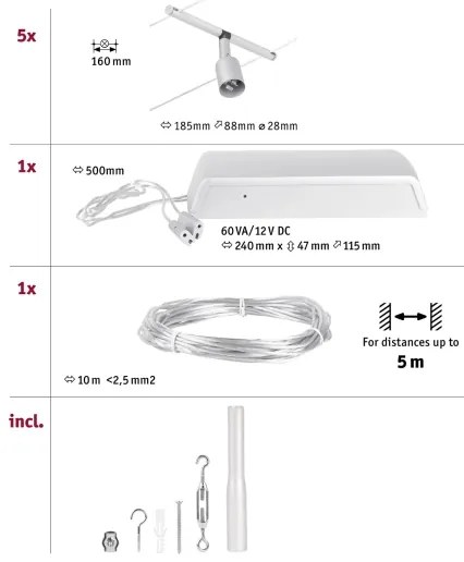 Paulmann 94442 - Set 5x GU5.3/10W, sistem complet cu cablu SALT 230V, crom mat