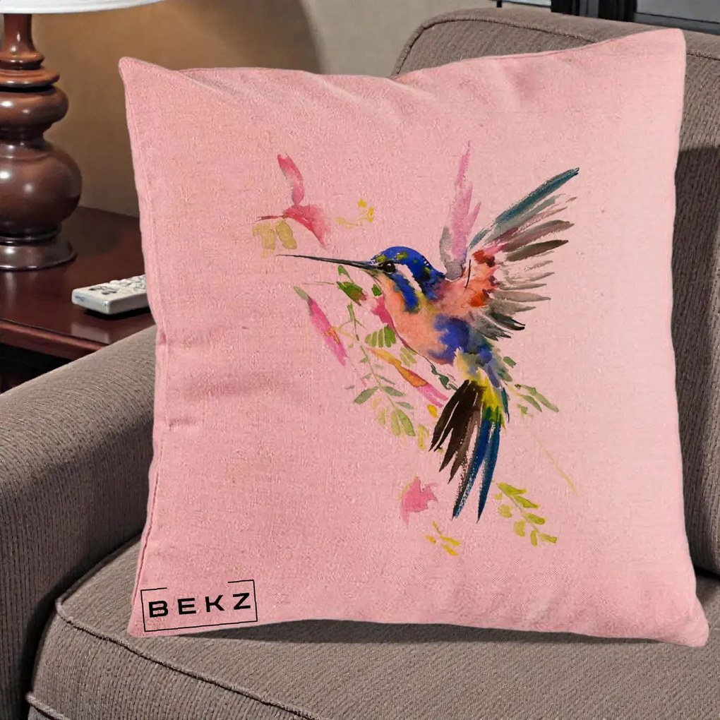 Perna Decorativa Colibri Acuarela, 40x40 cm, Roz, Husa Detasabila, Perna Inclusa, BEKZ®