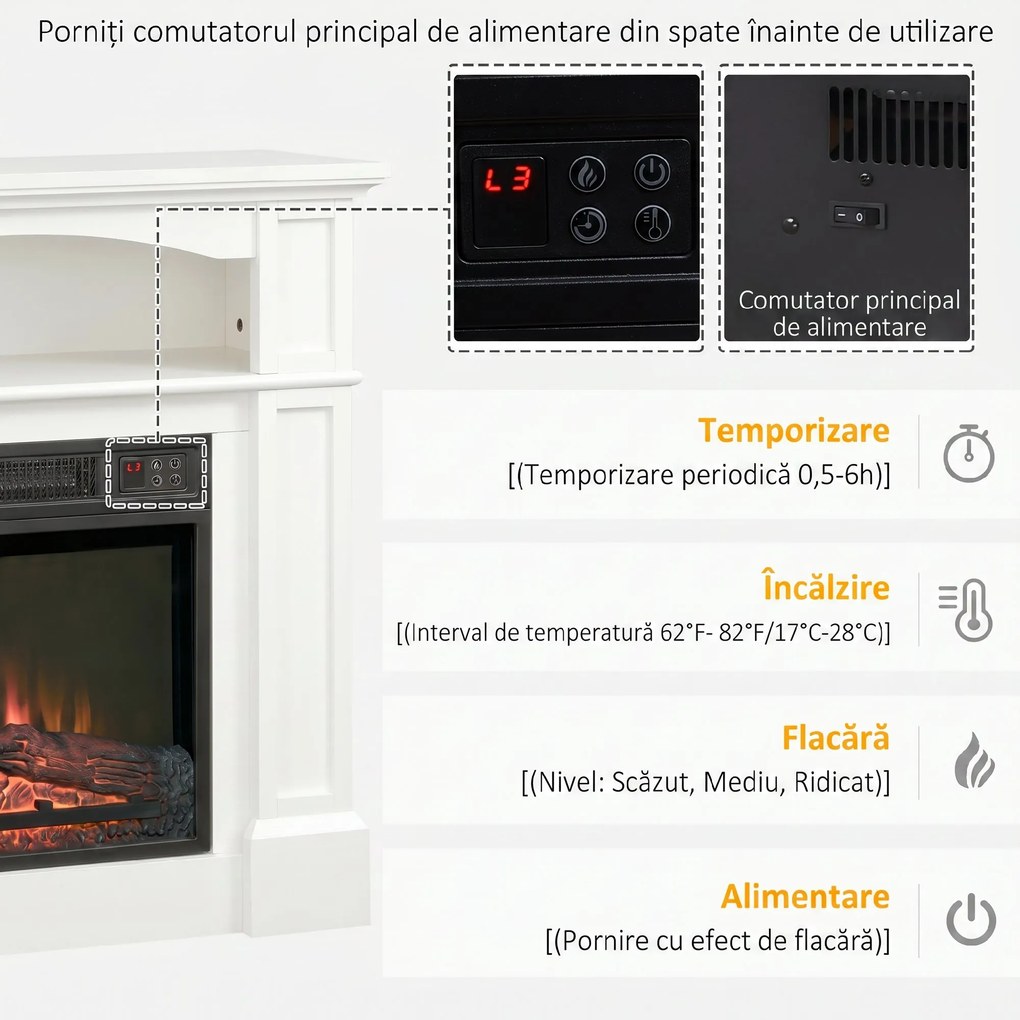 HOMCOM Șemineu Electric 1800W cu Efect de Flacără Reglabilă, Telecomandă și Timer | Aosom Romania