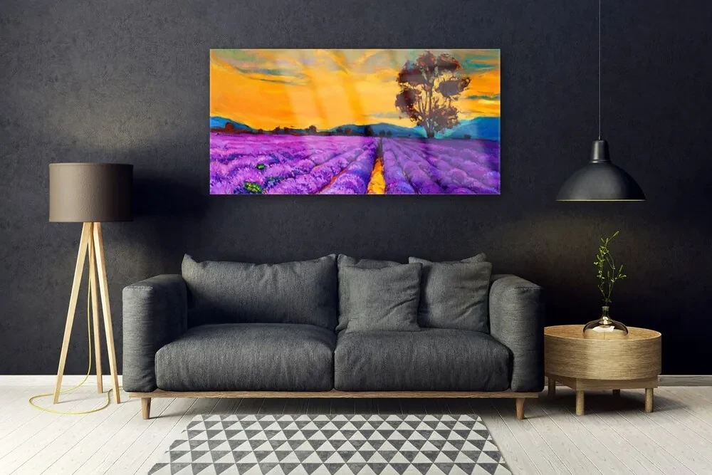 Tablou pe sticla Câmp Peisaj Violet Galben Maro
