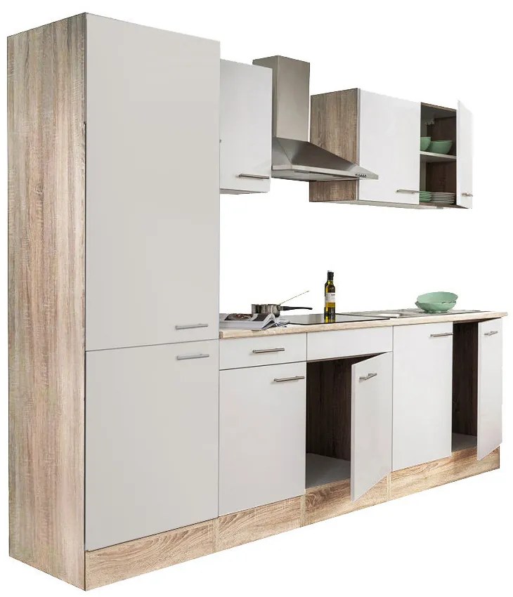 Mobilă de bucătărie Yorki 270, corp din stejar sonoma, față alb satinat, cu dulap cu raft