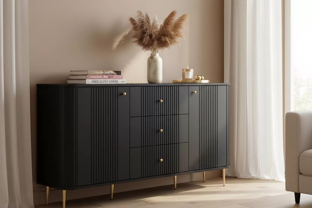 Comodă cu sertare Vesper 160 cm - negru / picioare aurii